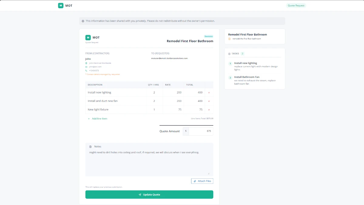 Quote package with contractor bids compared side by side