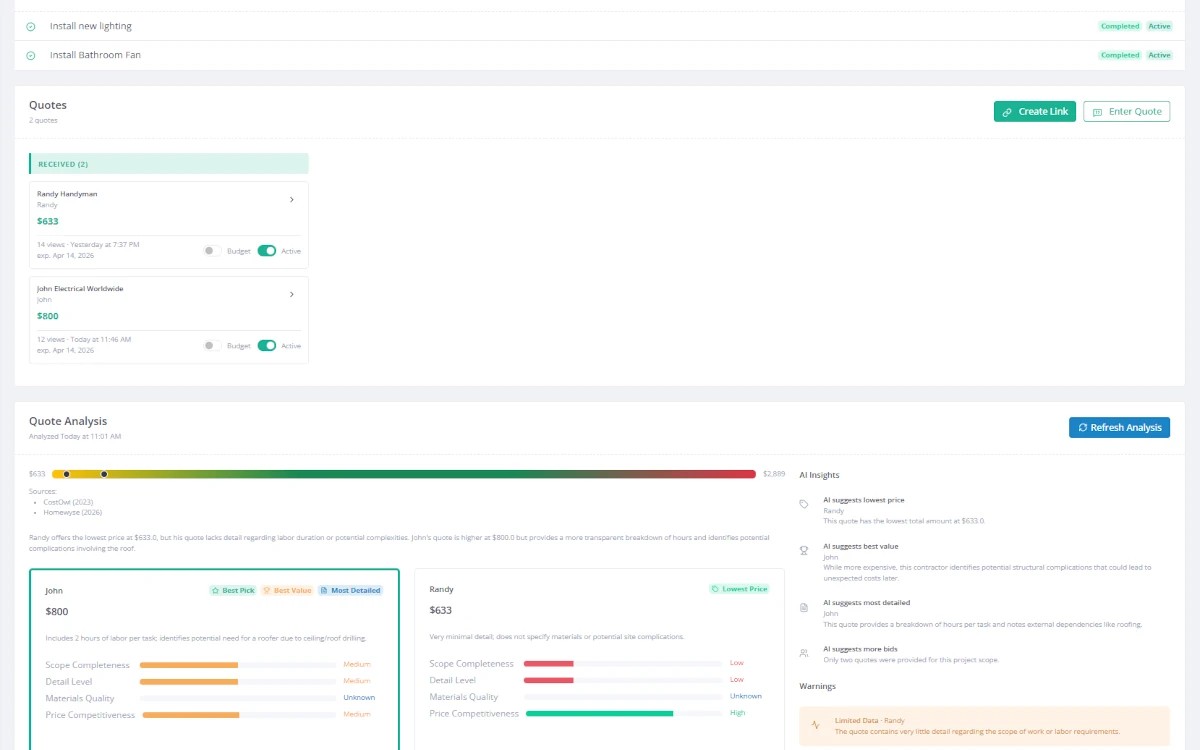 Quote package with multiple contractor bids compared side by side