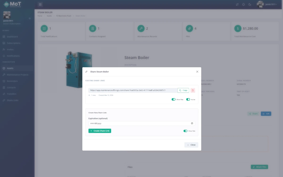 Public share links with expiration dates and view tracking
